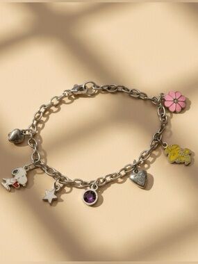 Peanuts theme Silver tone Charm Bracelet with Pink Flower & Cartoon Charms